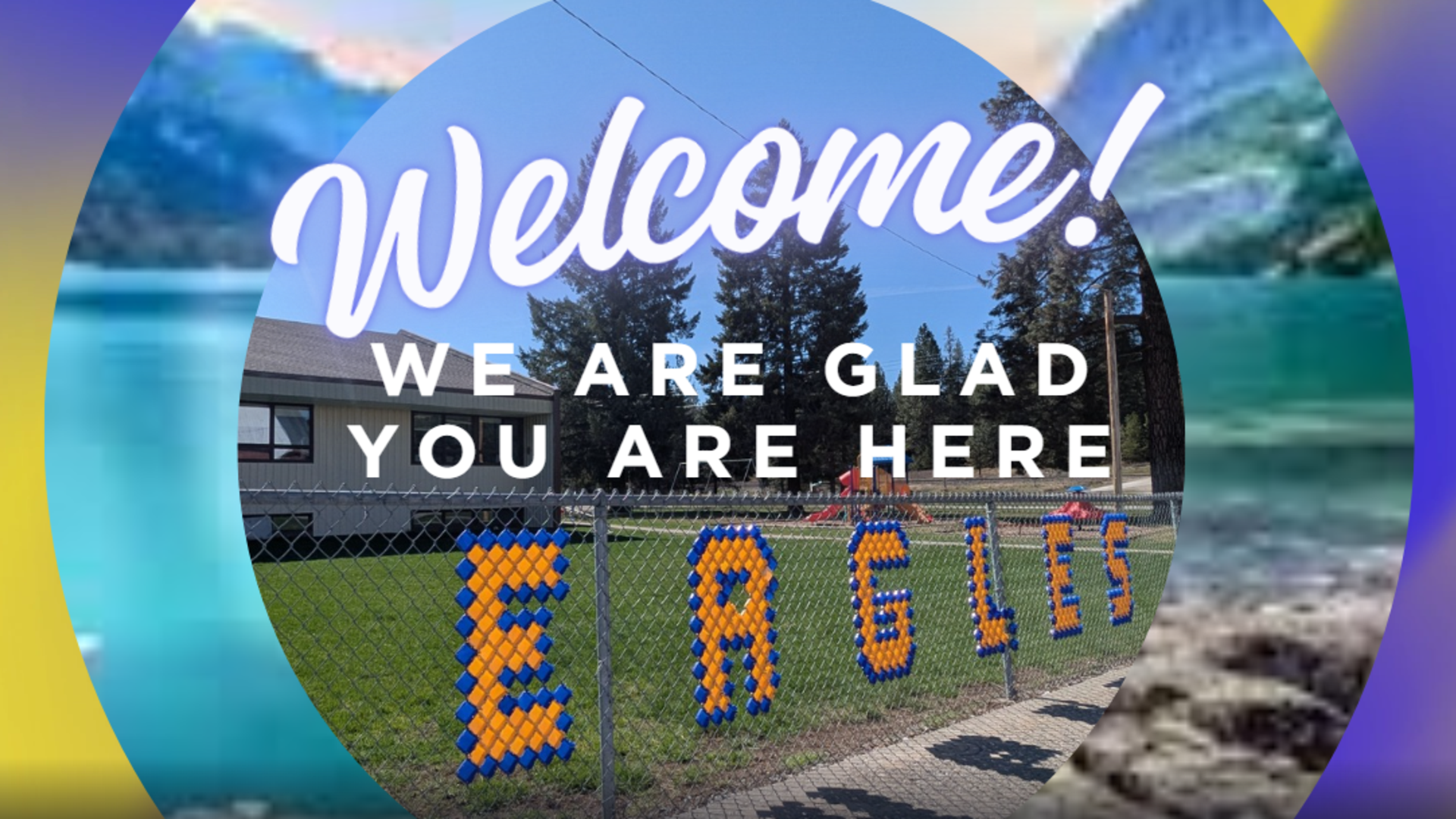 Welcome sign made of colorful objects, displayed on a fence outside a building.
