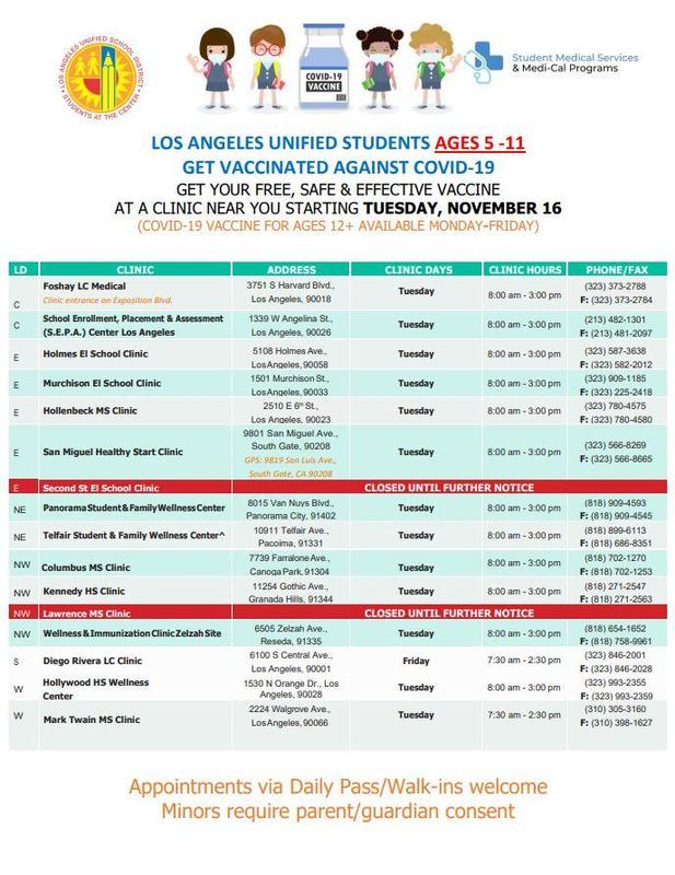 Vaccination clinics for ages 5-11 offered at select LAUSD sites. See flyer for details. Featured Photo