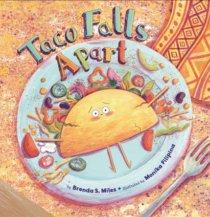 book cover cartoon drawing of a plate with a taco laying on it broken