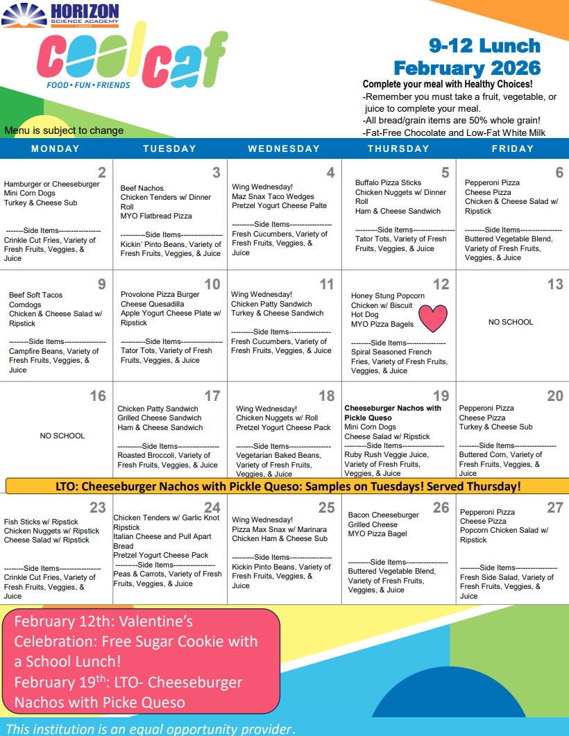 HSA 9-12 Lunch Menu February 2026