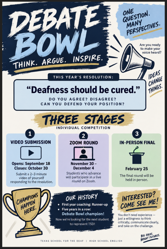 A colorful flyer for a debate competition on the resolution about curing deafness.
