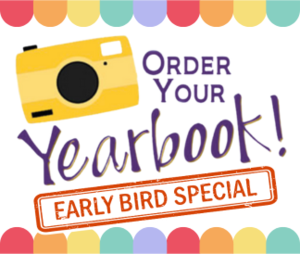 Order Your Yearbook Early Bird Discount with a camera and colorful scalloped border