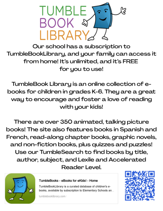 NEW- FREE Tumble Book Library for students and families- click here for link Featured Photo