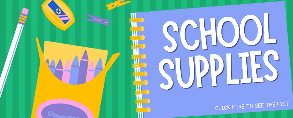 Colorful school supplies, including crayons, a pencil, and a notebook.