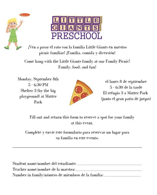flier - Little Giants Preschool Family Picnic - September 2025
