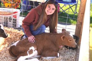 A student pets her young calf.
