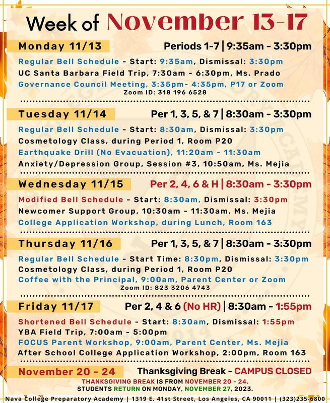 Week Of 11 13 11 17 Nava College Preparatory Academy