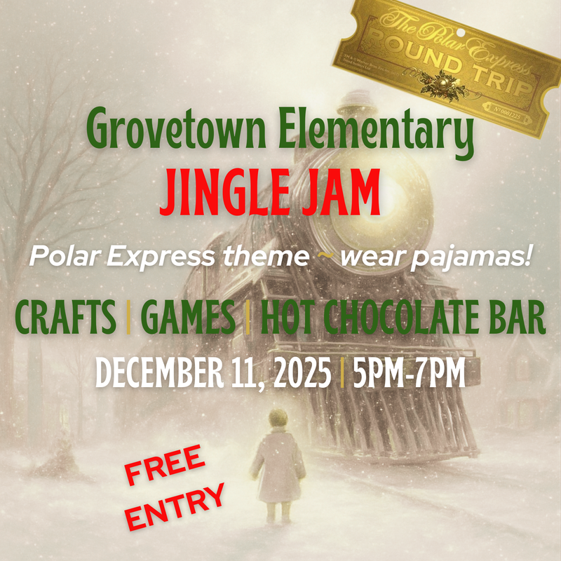 School Flier advertising Jingle Jam event on December 11, 2025. Displays train with snow falling in the background.