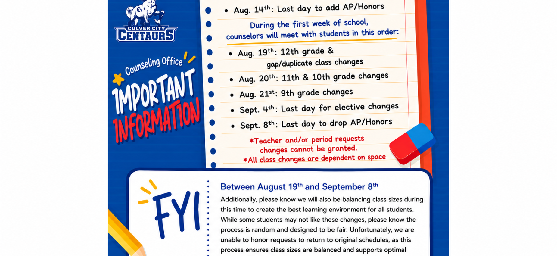 Important information about scheduling changes for students at Culver City High School.