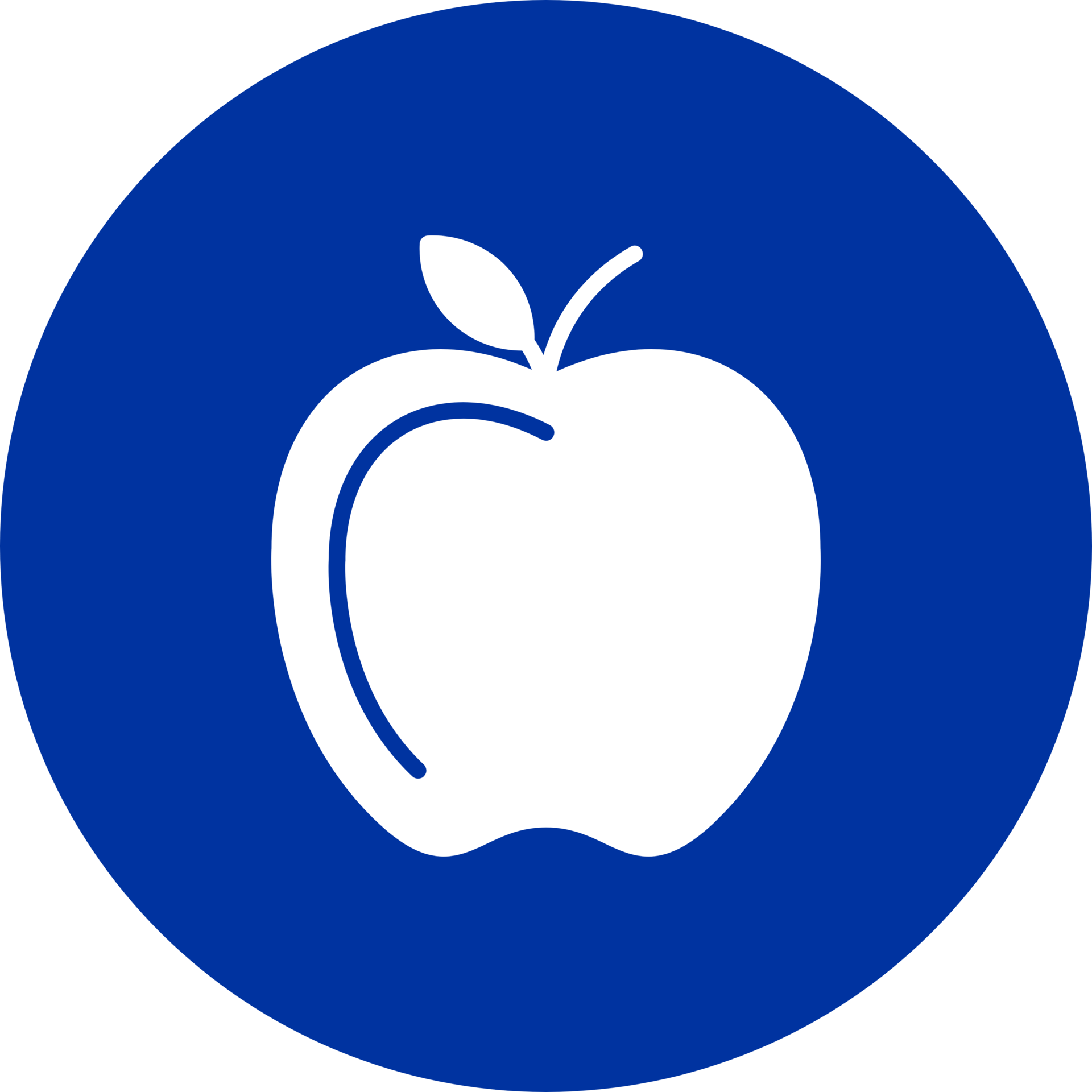 White apple icon on a blue circular background.