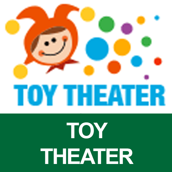 Jester with multicolored dots with words saying Toy Theater