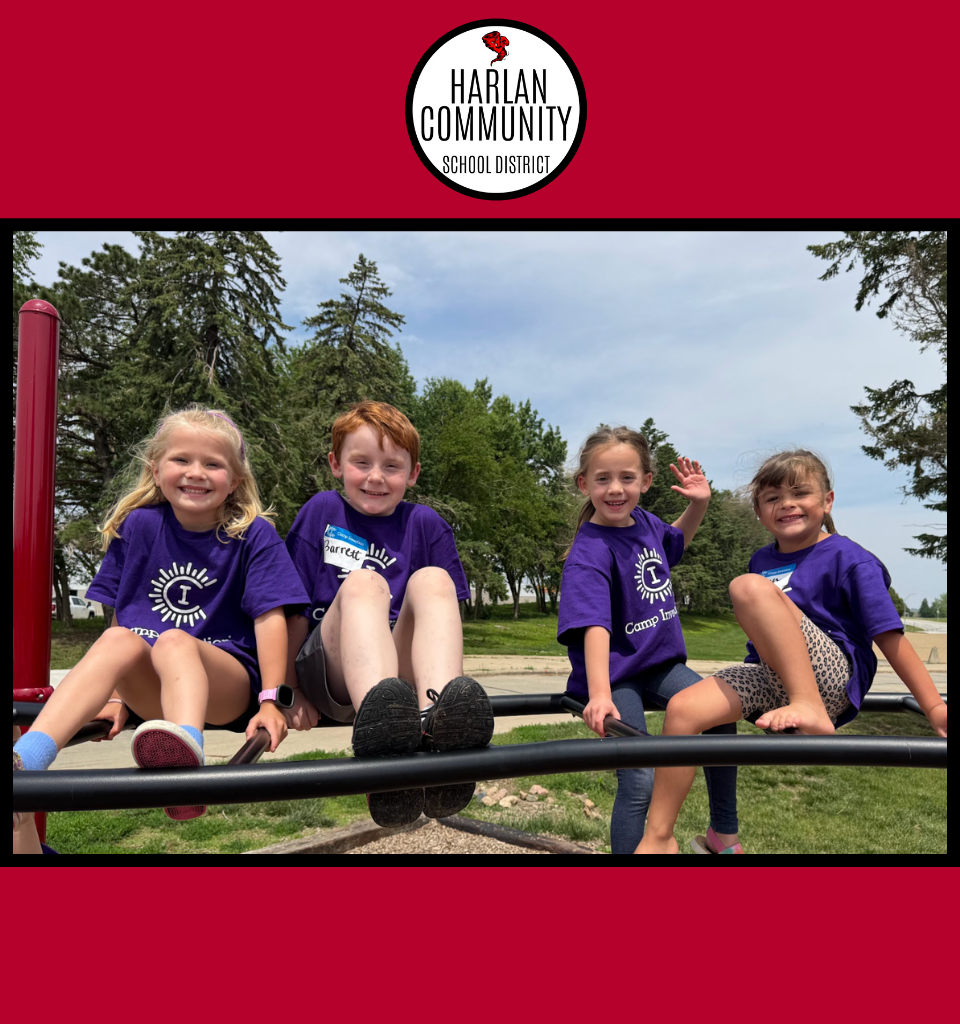 Four kids in purple shirts smiling on a playground structure.
