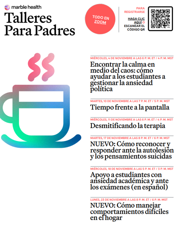 Evento de talleres para padres con una imagen de una taza de café.