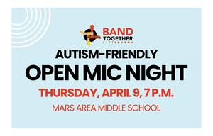 a light blue background with white concentric circles and the words Open Mic Night