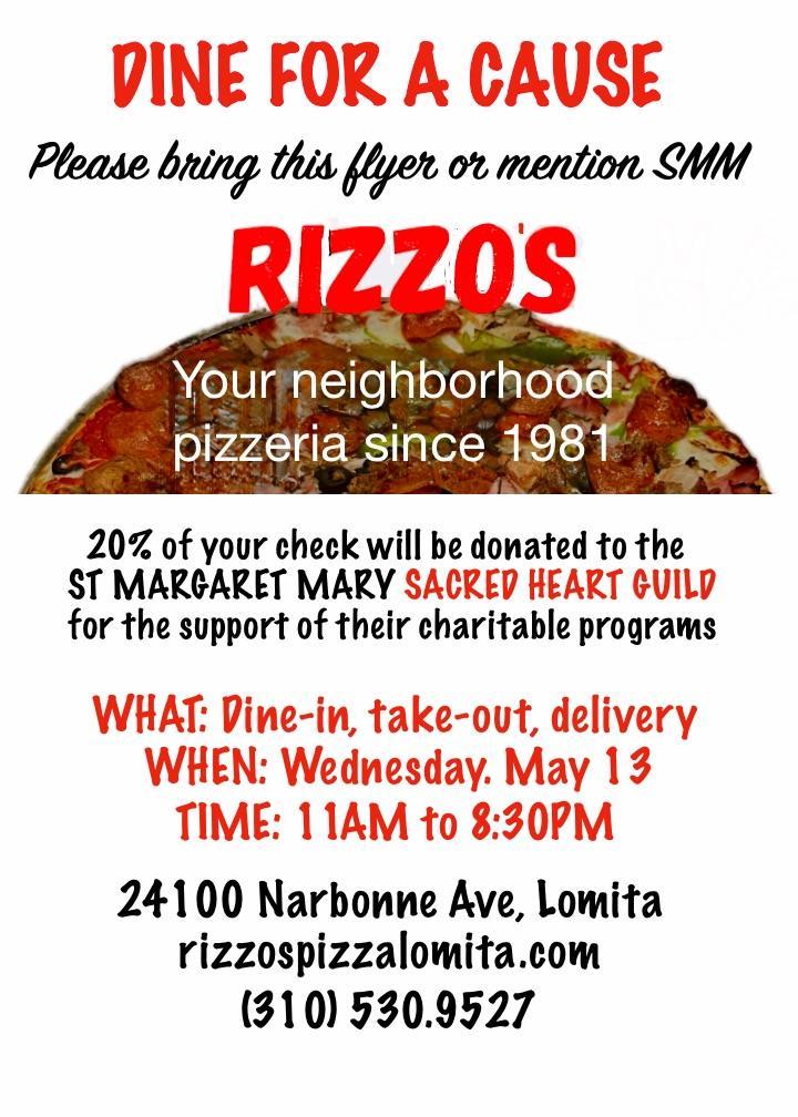 Pizza fundraising flyer for rizzo's showing a pizza slice