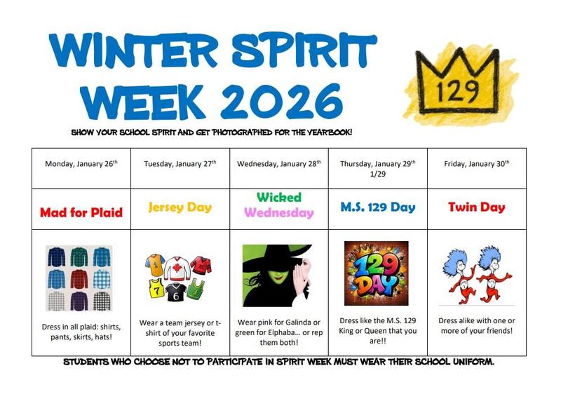 winter spirit week flyer 2026 with daily themes listed