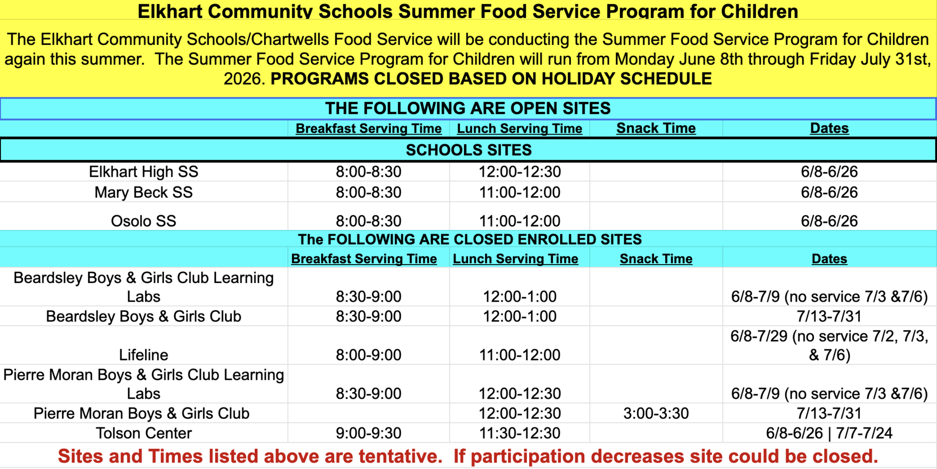 Summer Feed Schedule