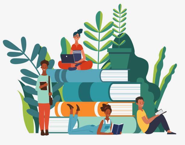 students books and plants image in color