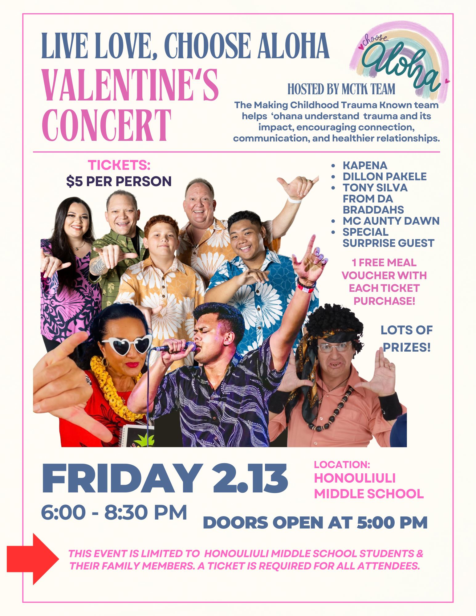 Colorful concert flyer featuring performers, event details, and sponsorship information.