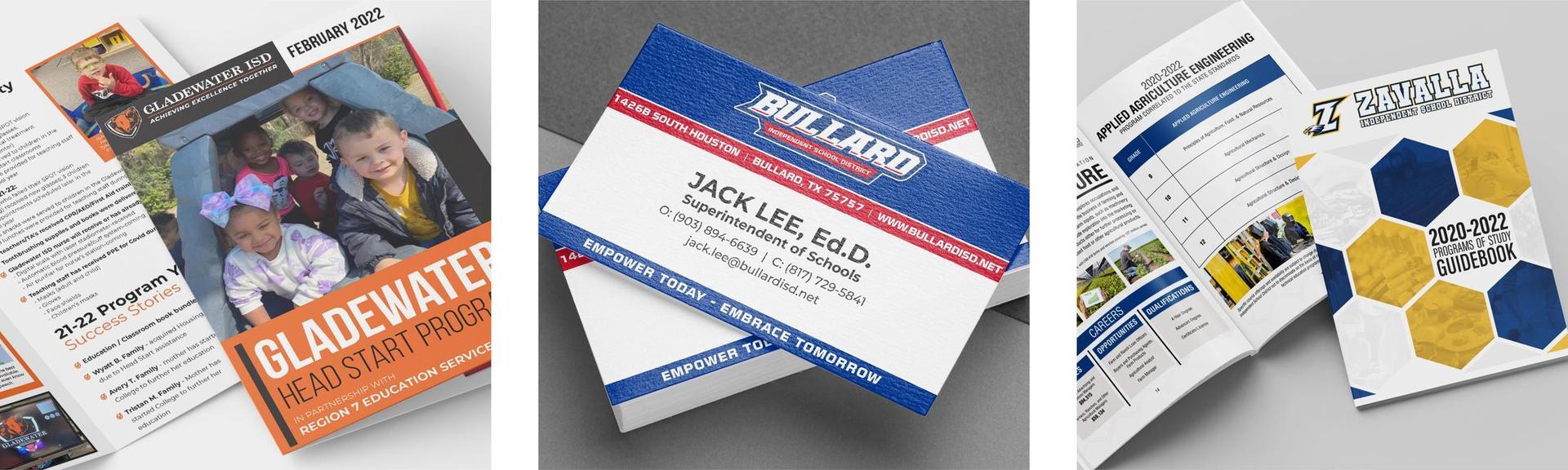 pictures of programs, business cards, and cte guides designed and printed by Region 7 ESC Print Center