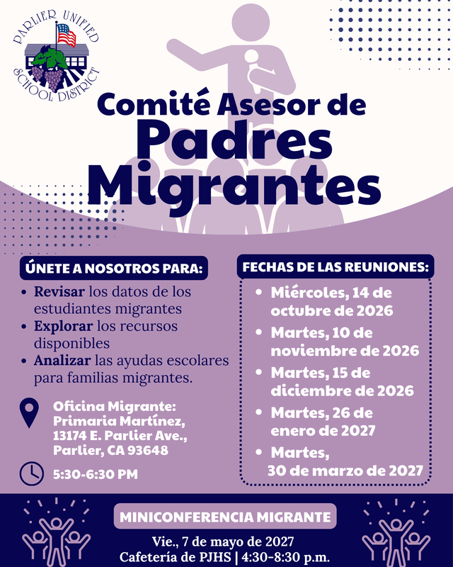 Folleto del Comité Asesor de Padres Migrantes del Distrito Escolar Unificado de Parlier. Presenta un diseño en tonos morado y blanco con la ilustración de un orador en un podio en el fondo.