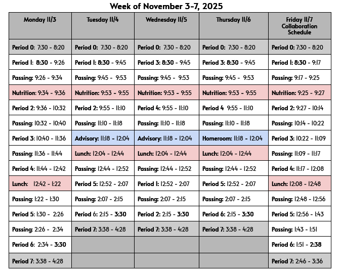 Weekly bell schedule