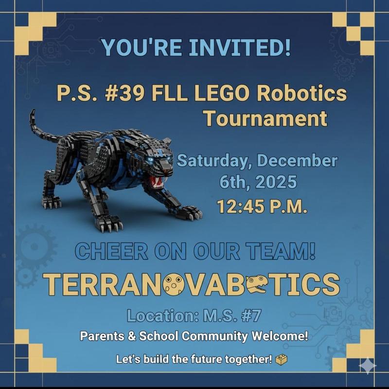 Robotics Tournament -PS #39 7th & 8th Grade Team Competes Sat 12/6 at M.S. #7