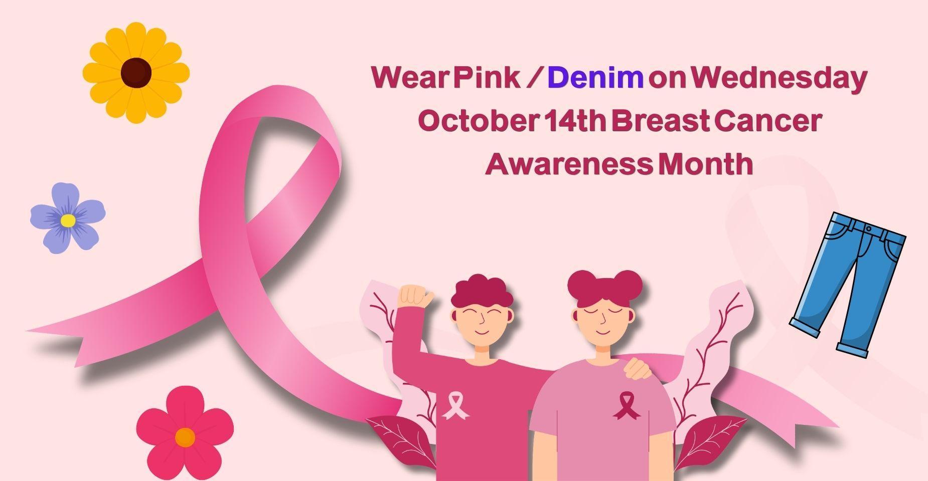 Design promoting Breast Cancer Awareness Month with pink ribbon and flowers.