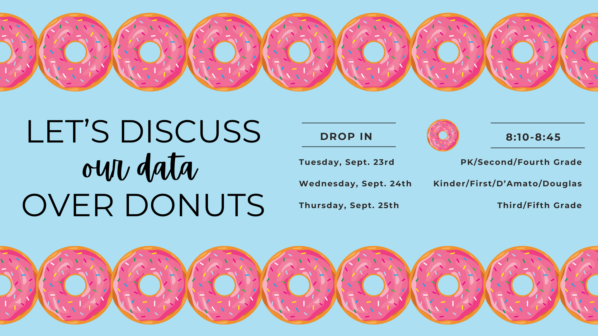 Colorful donut border framing event details for a discussion over donuts.
