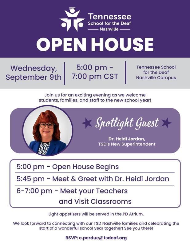 Event flyer for the Open House at Tennessee School for the Deaf.