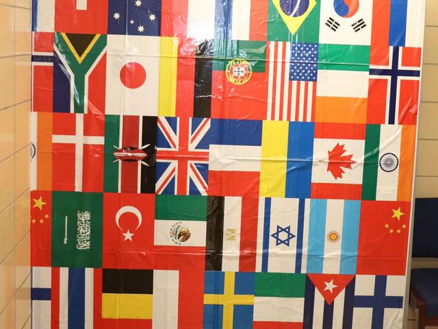 A collage of various international flags on a display in a well-lit area.