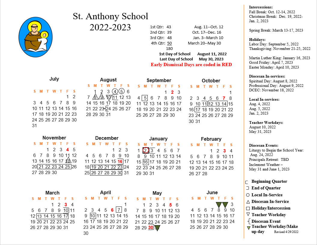 School Calendars – Parents & Community – St. Anthony Catholic School