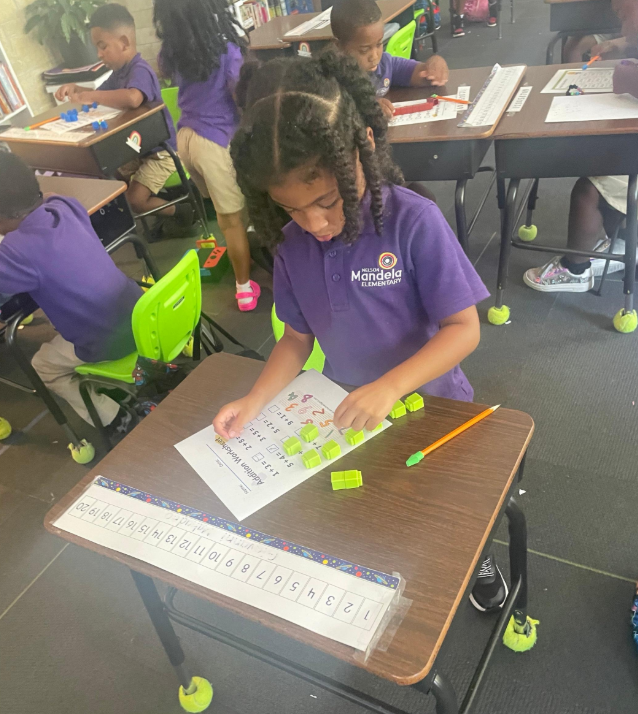 Scholar is doing an activity in class, counting green cubes on a worksheet