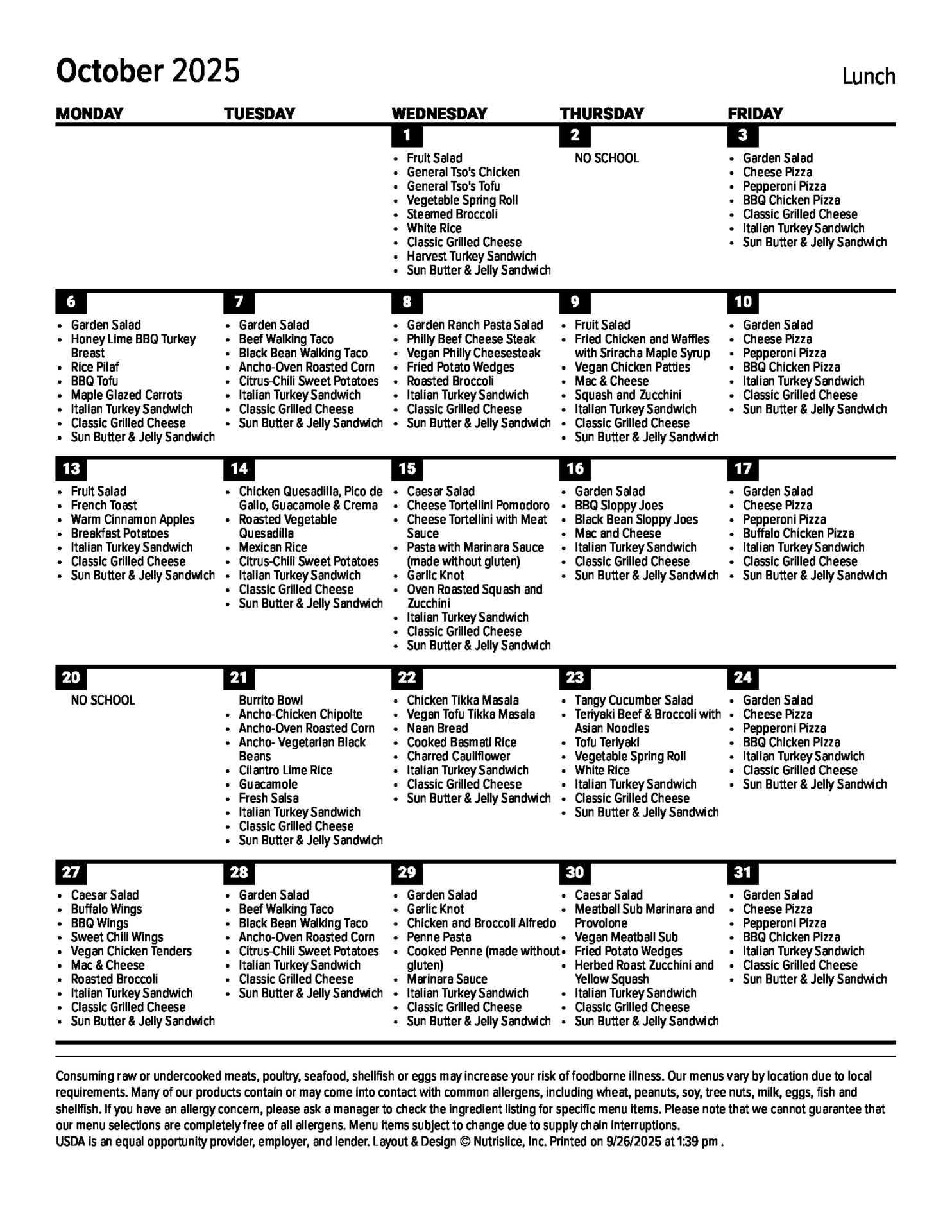October 2025 menu