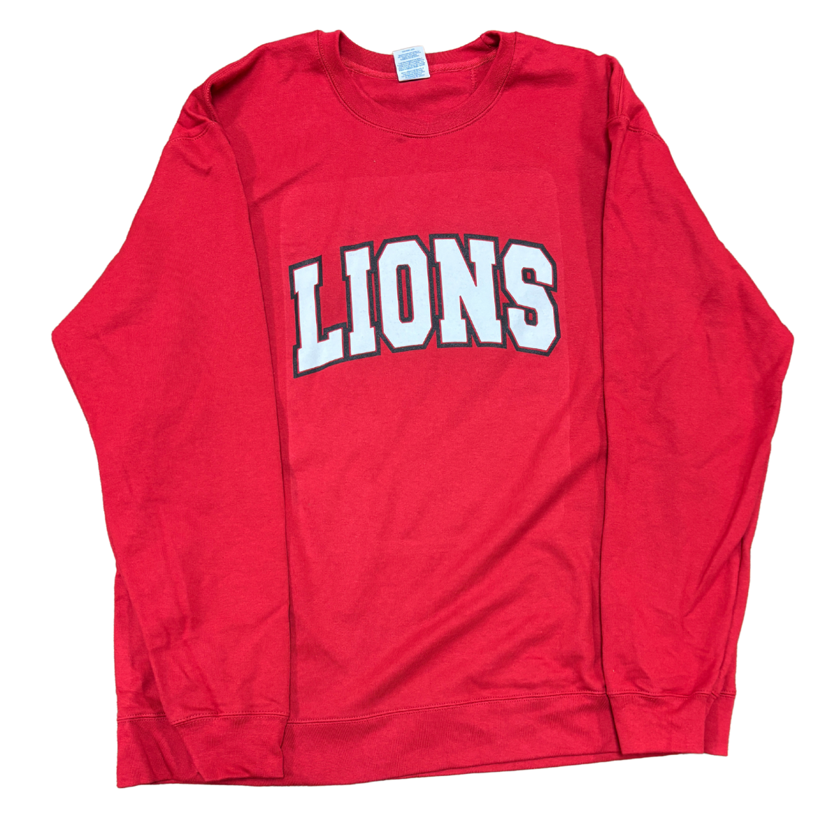 Soft red sweatshirt with LIONS in block text white with black borders