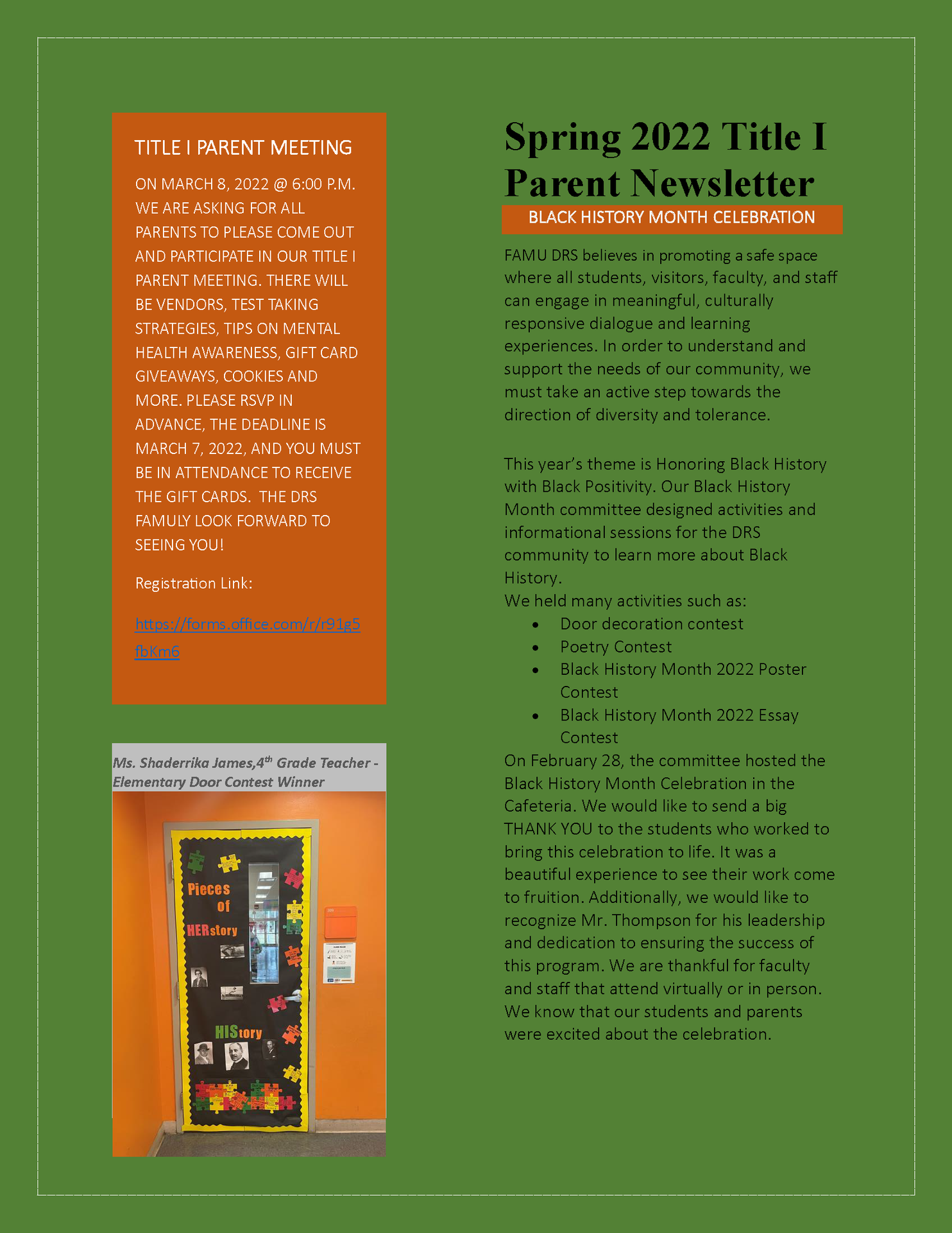 2022 Spring Parent Newsletter, Page 1