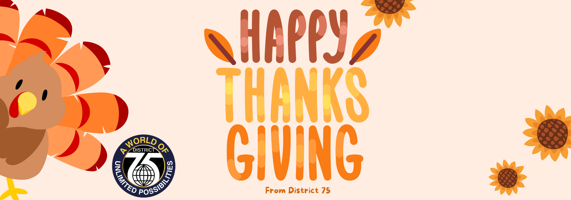 Thanksgiving greeting featuring a turkey, sunflowers, and festive text.