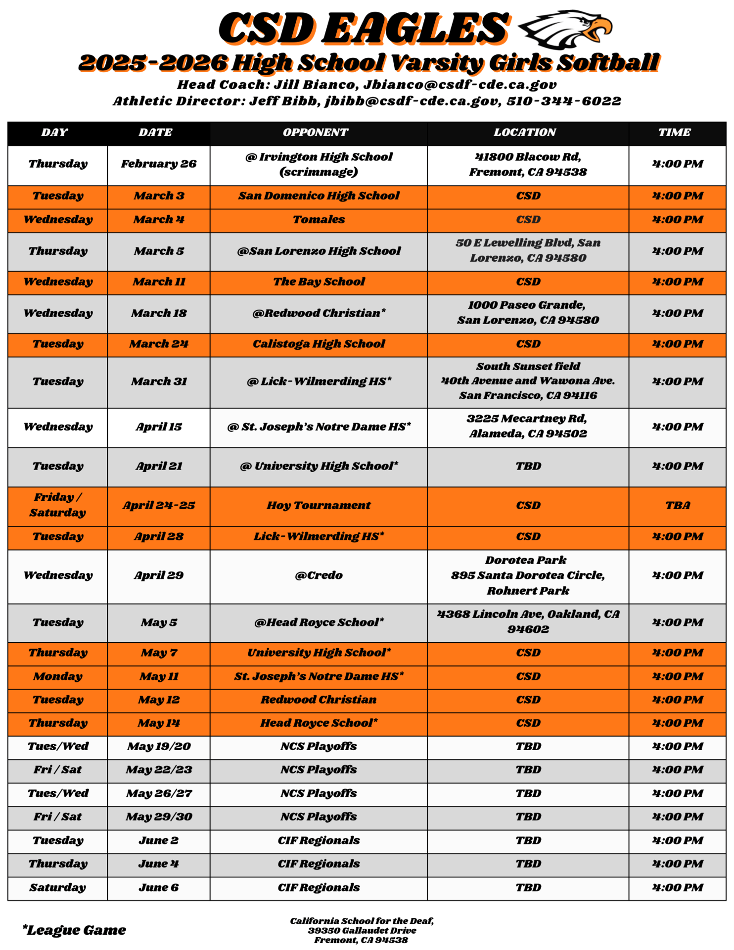 Varsity Softball Schedule