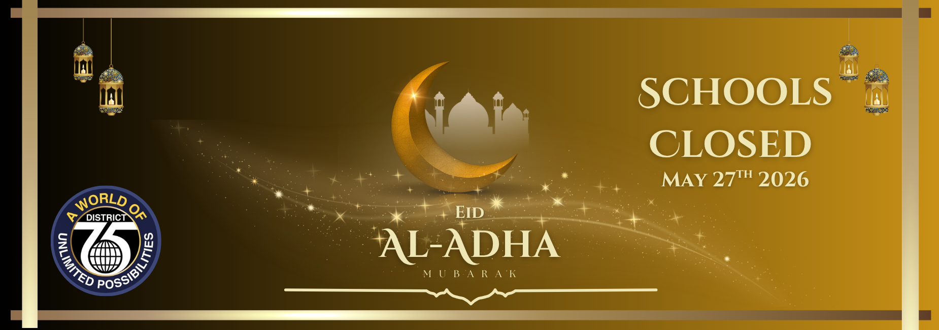 Gold-themed banner celebrating Eid Al-Adha with school closure notice.