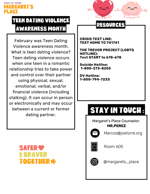 Information on dating violence awareness, resources, and support for students.