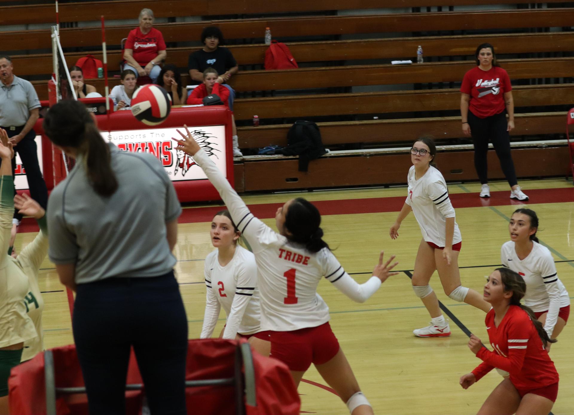 varsity volleyball players in action against liberty