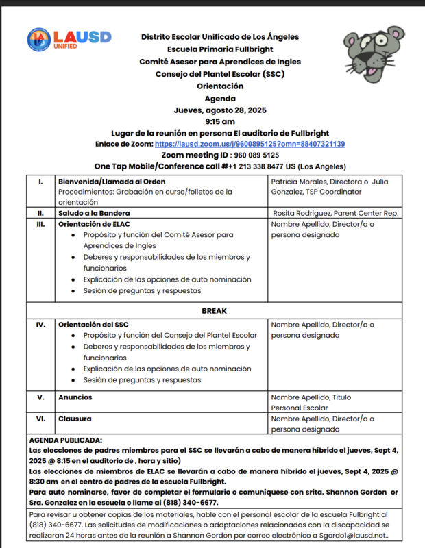 ELAC/SSC Agenda & Orientación Featured Photo