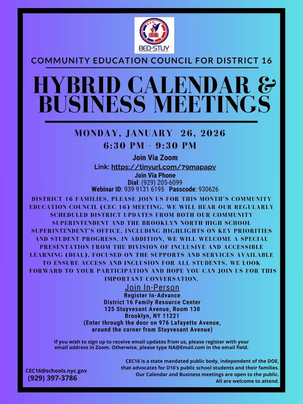 Bed-Stuy CEC Hybrid Calendar & Business Meetings - January 26, 2026 - 6:30 PM