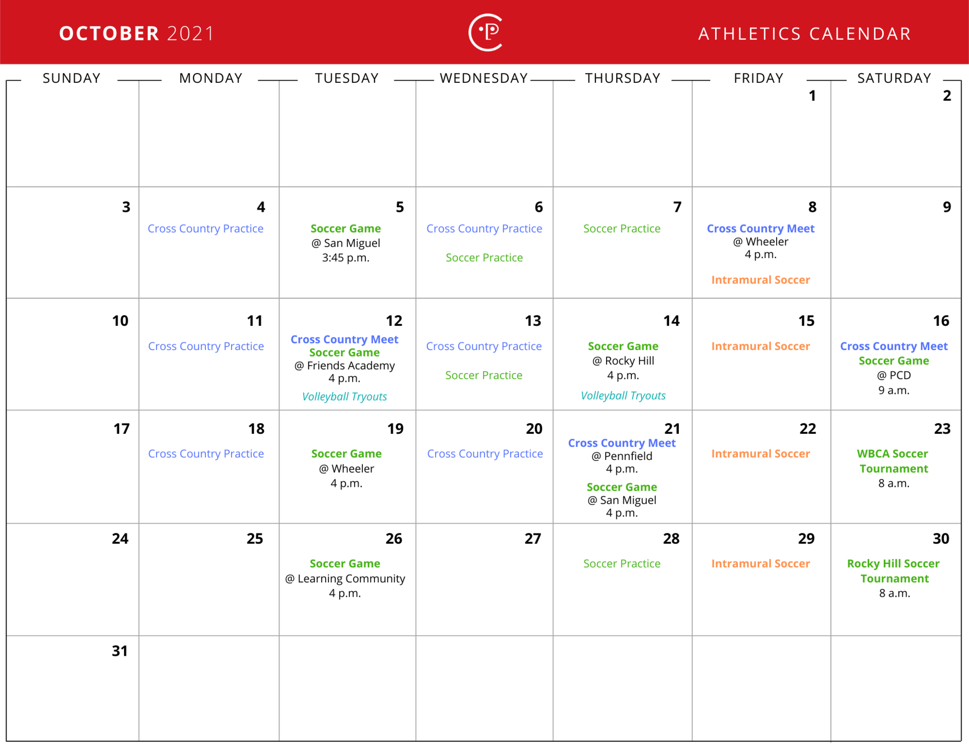 October 2021 Athletics Calendar