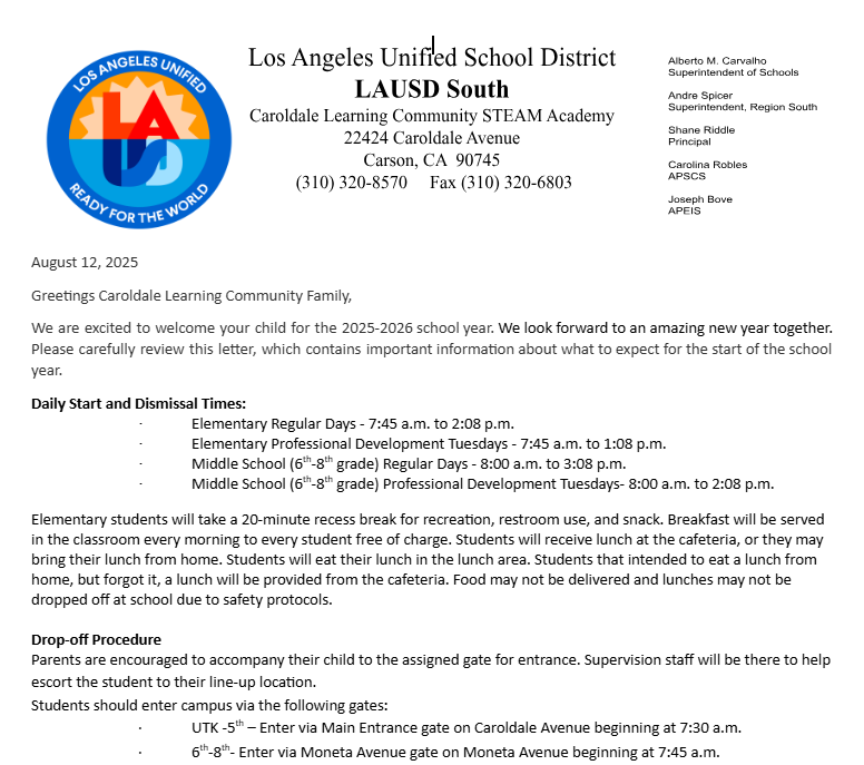 Caroldale Learning Community STEAM Academy Welcome Letter! Featured Photo