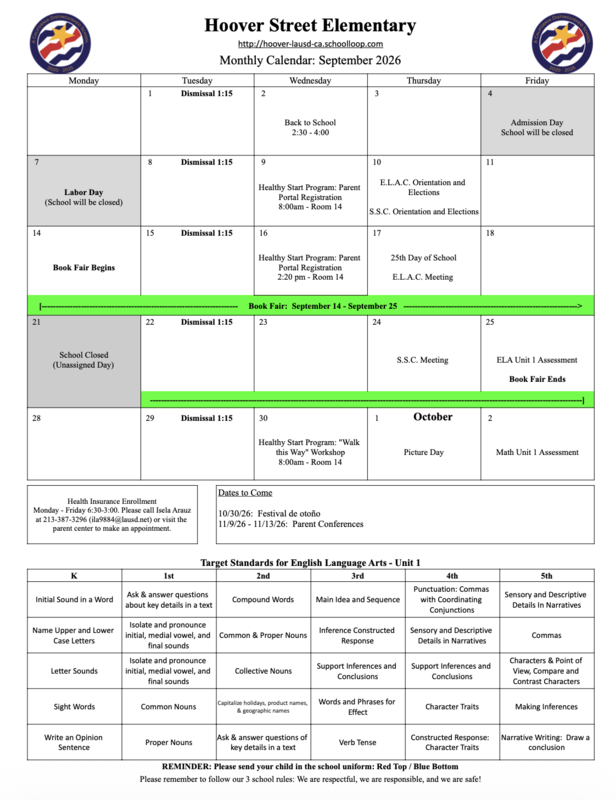 School Calendar for Parents