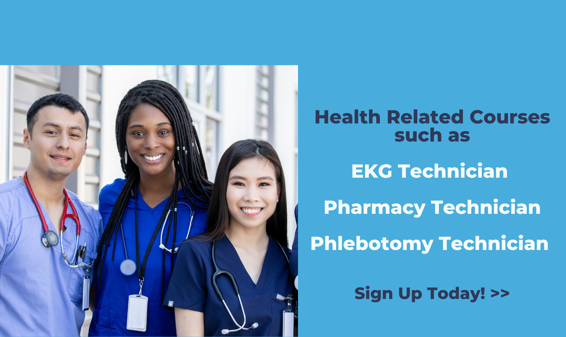 Three healthcare professionals smiling together in a bright setting with course details.