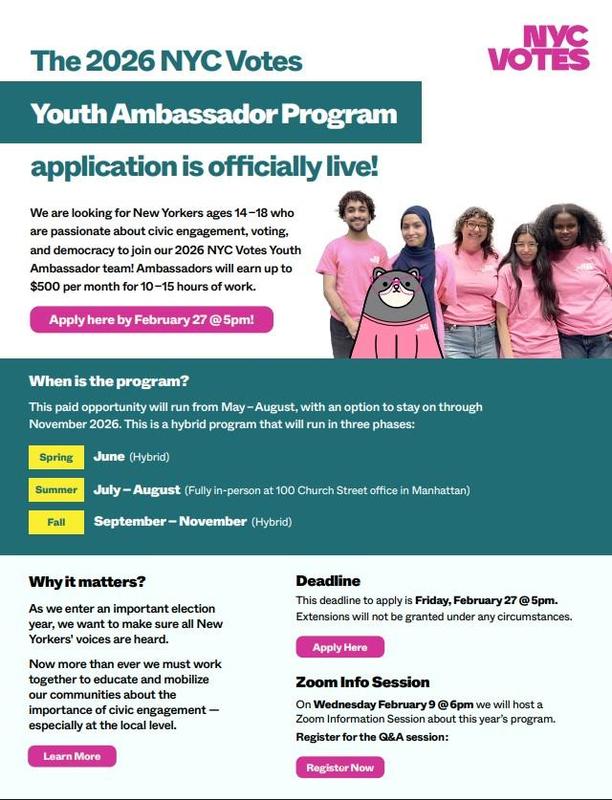 Promotional flyer for the NYC Votes Youth Ambassador Program application details.