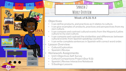 Objectives:  I can define products, and practices as it relates to culture. I can give examples of products, practices and perspectives from my own culture. I can compare and contrast cultural events from the Hispanic/Latinx culture to my own culture.  I can compare and contrast the similarities and differences between cultural events from Spanish speaking countries.  I can write complete sentences in Spanish with correct word order. Lesson Overview: Cultural Exploration Spanish 1 Review Homework Assignments: Unit 1 Objectives Self-Survey Cultural Comparisons Project (Due 9.11) Spanish 1 Review Interactive Notebook 5 Duolingo Lessons