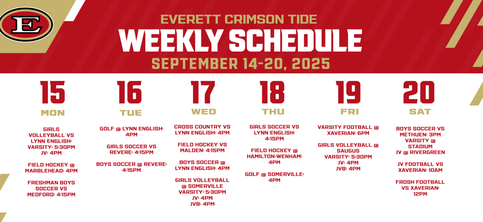 Weekly sports schedule for Everett Crimson Tide, September 14-20, 2025.